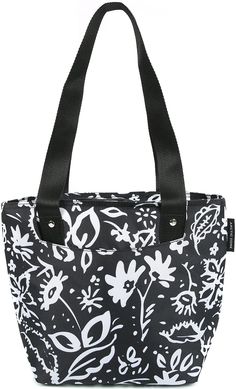 a black and white floral print bag on a white background with an adjustable shoulder strap