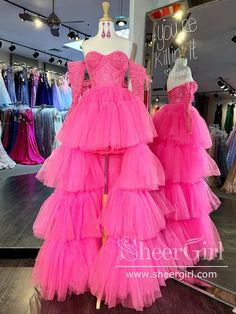 Ruffle Tulle High Low Ball Gown Strapless Tiered Lace Corset Bodice Prom Dress with Detachable Sleeves ARD2955-SheerGirl Pink Ruffle Dress Short, Tulle Prom Dress Short, High Low Ball Gown, Tiered Prom Dress, Tiered Tulle Skirt, Prom Dresses Long Lace, Prom Dresses For Sale, Lace Prom Dress, Corset Bodice