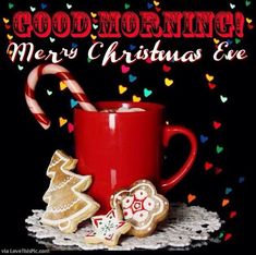 a red coffee mug with cookies and candy canes