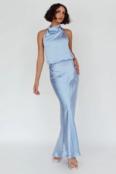 Shop the Amalfi Sunset Cowl Halterneck Maxi Dress Sky | Selfie Leslie Long Fitted Halter Dress With Tie Back, Fitted Satin Halter Maxi Dress, Fitted Halter Neck Maxi Dress With Tie Back, Halter Neck Backless Dress For Prom, Fitted Floor-length Halter Dress For Bridesmaid, Fitted Floor-length Halter Bridesmaid Dress, Chic High Neck Maxi Dress For Prom, High Neck Halter Dress With Tie Back For Summer, Prom Halter Maxi Dress With Tie Back