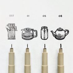 four pens are lined up next to each other with different types of teapots on them