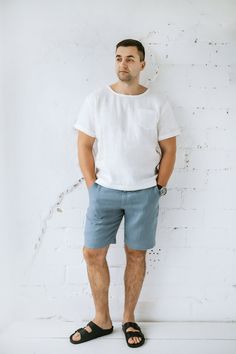 Men's linen shirt with short sleeves and pocket on the chest, white basic washed soft linen summer shirt Shorts Male Outfit, Beach Linen Shirt With Pockets, Everyday White Linen T-shirt, Linen Relaxed Fit Short Sleeve T-shirt, Relaxed Fit Linen T-shirt Short Sleeve, Casual Linen T-shirt For Summer, White Linen T-shirt For Everyday, Everyday Linen Short Sleeve T-shirt, Summer Linen Shirt For Everyday Wear