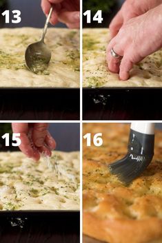 four pictures showing how to make an appetizer with cheese and herbs on it