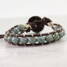 Western Bracelet Bohemian Jewelry Blue by AbacusBeadCreations Handmade Western Brown Bracelets, Handmade Western Style Brown Bracelet, Handmade Western Brown Bracelet, Western Bracelets, Handmade Turquoise Leather Bracelet, Bohemian Style, Bohemian Leather Wrap Bracelet, Adjustable, Jewelry Rustic, Blue Beaded Bracelets, Rustic Jewelry