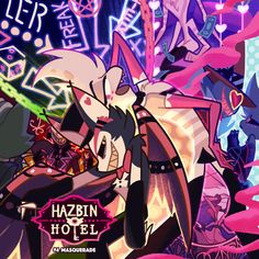 an image of some anime characters in front of graffiti wallpaper and the words hazbin hotel on it