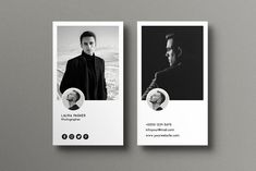 two business cards with black and white photos on them, one has a man's face