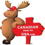 a moose is standing next to a red sign that says canadian food to usa com