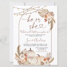 a white and gold thanksgiving party card with pumpkins, pine cones and flowers on it