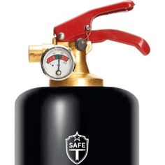 a black propaner with a red handle and gauge on it's side