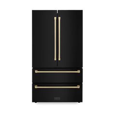 a black refrigerator freezer with gold handles and two drawers on the bottom, against a white background