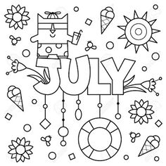 the word july is surrounded by doodles and sunflowers in black and white