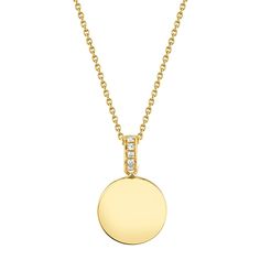 Add a glistening touch to you jewelry collection with this necklace from Shy Creation. Comprised of 14k yellow gold, this lovely necklace features a circle disc pendant with twinkling round diamond accents on the bail. The pendant measures 0.60 inches in length and 0.35 inches in width and is set in the center of a delicate chain that can be worn at 15, 16, 17, or 18 inches in length. Gold Circular Diamond Necklace, Gold Diamond Circular Necklace, Diamond Coin Pendant Necklace, Yellow Gold Circular Necklaces With Diamond Accents, Elegant Gold Diamond Necklace With Coin Pendant, Elegant Yellow Gold Round Disc Necklaces, Gold Diamond Necklace With Coin Pendant, Yellow Gold Circular Diamond Necklace, Yellow Gold Diamond Necklace With Round Disc