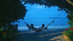 two people sitting in a hammock on the beach at night, looking out to sea