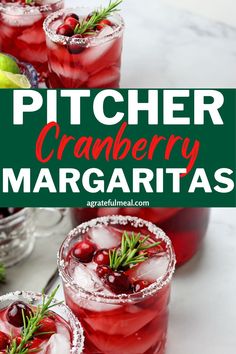 two glasses filled with cranberry margaritas and garnished with rosemary