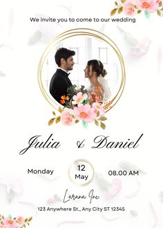 a wedding card with flowers and a couple in the middle, on top of a white background