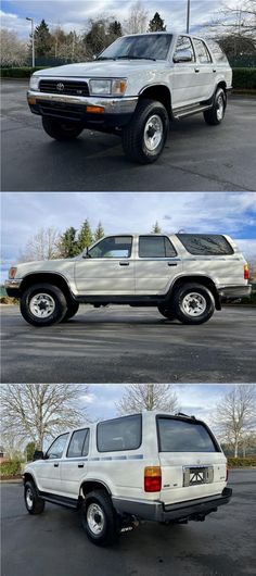 four different views of a white suv in the parking lot