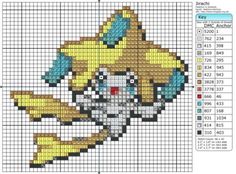 a cross stitch pattern with the image of a pokemon character in yellow, blue and white