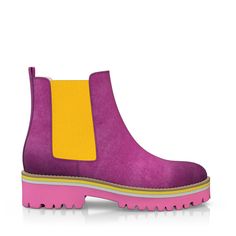 Strong Sole Ankle Boots 40613 | Girotti Yellow Leather Boots With Lug Sole, Pink Suede Boots With Round Toe, Pink Leather Boots With Lug Sole, Pink Leather Platform Boots, Purple Boot, Colorful Closet, Bold Shoes, Purple Boots, Dopamine Dressing