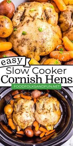 the slow cooker is filled with chicken, potatoes and carrots to cook in