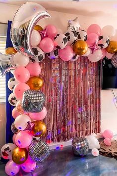 space cowgirl party decor, disco cowgirl party deco r Cowgirl Balloon Arch, 50th Birthday Surprise, Cowgirl Decorations, Cowgirl Party Decorations, Bachelorette Party Essentials, Cowboy Themed Birthday Party, Cowboy Theme Party, 17th Birthday Ideas, Disco Birthday Party