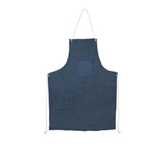 a blue apron hanging on a white wall with an open pocket in the front and side