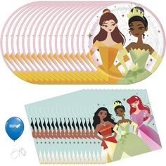 disney princesses party supplies with balloons and confetti