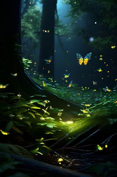 some butterflies flying in the air near a tree and light up leaves on the ground