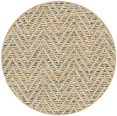 a round rug with blue and beige patterns