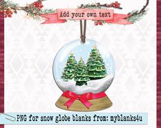 a snow globe with christmas trees in it and a red ribbon around the top that says, add your own text