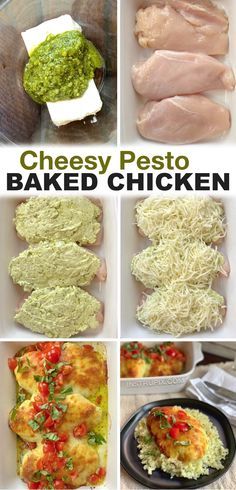 four different pictures of baked chicken with pesto