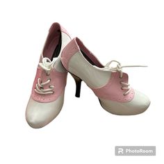 Size 7 Lady 4.5” Heel Pink/ White Retro Ankle-high Heels For Parties, Retro Ankle-high Party Heels, Classic White Round Toe Heels, Retro White 4-inch Heels, Vintage Ankle-high Fitted Heels, Vintage White Heels With Round Toe, Vintage White Round Toe Heels, White Retro Fitted Heels, Vintage Fitted Ankle-high Heels