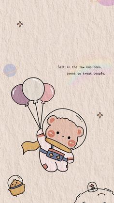 an astronaut teddy bear floating in the sky with balloons and stars on it's back