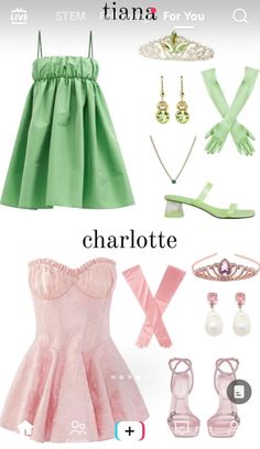 the dress is green and pink with accessories on it, including shoes, bracelets, gloves