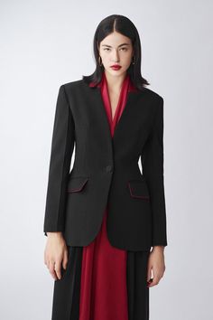 Alva A-line Flap Pocket Poly Silk Blazer - MEAN BLVD Elegant Office Blazer Dress With Pressed Crease, Chic Blazer With Structured Boning For Business, Chic Structured Boning Blazer For Business, Chic Office Blazer Dress With Pressed Crease, Elegant Office Blazer With Lapel Collar, Formal Office Lady Blazer With Notch Lapel, Structured Boning Blazer Dress For Office, Chic Formal Blazer Dress With Concealed Placket, Elegant Single-breasted Blazer For Office