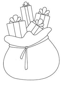 a pot filled with presents on top of a white background, outlined in black and white