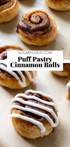 puff pastry cinnamon rolls with icing drizzled on top