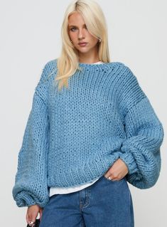 Trendy Chunky Knit Sweater With Balloon Sleeves, Oversized Puff Sleeve Sweater For Fall, Oversized Textured Knit Cropped Sweater, Blue Knit Cropped Sweater With Crew Neck, Oversized Blue Cropped Sweater, Blue Textured Knit Cropped Sweater With Crew Neck, Knit Sweater With Balloon Sleeves, Oversized Cozy Acrylic Cropped Sweater, Oversized Balloon Sleeve Sweater For Fall