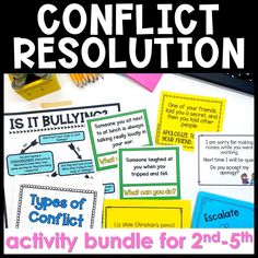 the conflict resolution activity bundle for 2nd - 3rd grade is shown with text and pictures