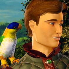 a painting of a man with a parrot on his shoulder and another bird standing next to him