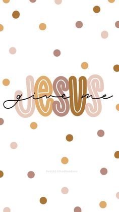 the word jesus is surrounded by gold and brown polka dotes on a white background