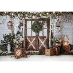 an image of a room setting with plants and decorations on the walls, windows, and doors