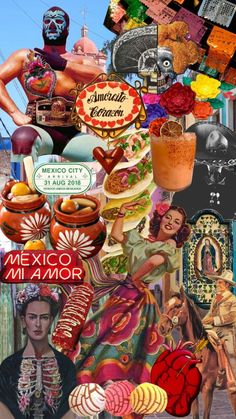 a collage of mexican food and people in the background, including an image of a man