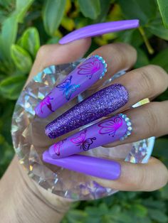 nails coffin extra press Acrylic Nails Bling, Acrylic Nail Designs Coffin, Birthday Nail Designs, Nails Bling, Queen Nails, Purple Acrylic Nails, Long Press On Nails, Nails Purple