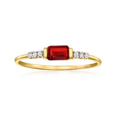 Ross-Simons - .30 Carat Garnet Ring with Diamond Accents in 14kt Yellow Gold. Size 7. RS Pure. Modern designs that complete your outfit and complement your personality. Perfect for gemstone lovers or January babies, this dainty ring features a .30 carat emerald-cut garnet sparked at each side by icy diamond accents. Set in polished 14kt yellow gold, it's ideal for adding a bit of color to your favorite stack. 1/8" wide. Garnet ring. Garnet birthstones are the perfect gift for January birthdays. Ruby Ring Designs, Garnet Birthstone, Ring With Diamond, Natural Gold, Garnet Ring, Garnet Earrings, Garnet Stone, Rhodolite Garnet, Garnet Rings