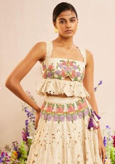 Chandrima-Ivory Floral Beadwork Bustier-INDIASPOPUP.COM Floral Beadwork, Indian Fabrics, Indian Handloom, Trendy Blouse, Ivory Fabric, Clothing Pieces, International Style, Trendy Blouses