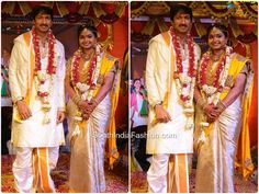 two people dressed in white and yellow standing next to each other with garlands around their necks