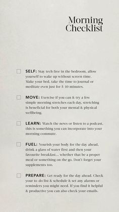 Daglig Motivation, Morning Checklist, Self Care Bullet Journal, Vie Motivation, Get My Life Together, Positive Self Affirmations, Mental And Emotional Health, Self Care Activities, Self Motivation