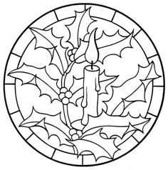 a round stained glass window with holly branches and candles in it, on a white background