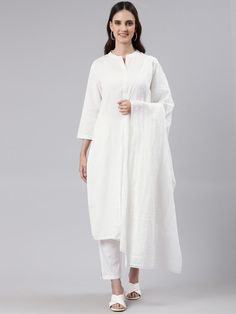 Women Pure Cotton Kurta with Trousers & With Dupatta Product Details: White solid Kurta with Trousers with dupatta Kurta design: Solid  Straight shape Regular style Mandarin collar, three-quarter regular sleeves 1 pockets Calf length length with straight hem Pure cotton machine weave fabric Trousers design: Solid Trousers Partially elasticated waistband Slip-on closure Size & Fit The model (height 5'8) is wearing a size M Dupatta: 2.25 mtrs x 1 mtrs (Length x Width) Top: 38 at the Bust Top Lengt Three Quarter Sleeve Tops, Self Design, Cotton Bottoms, Kurta Designs, Solid Tops, Mandarin Collar, Three Quarter Sleeves, Top Pattern, Pure Cotton