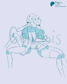 two people sitting on top of each other with their arms around one another's shoulders